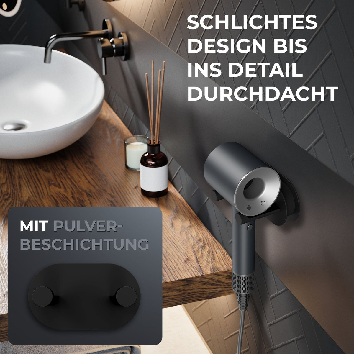 ovimar Haartrocknerhalter Rovaer – Edelstahl, schwarz matt, Wandmontage ohne Bohren